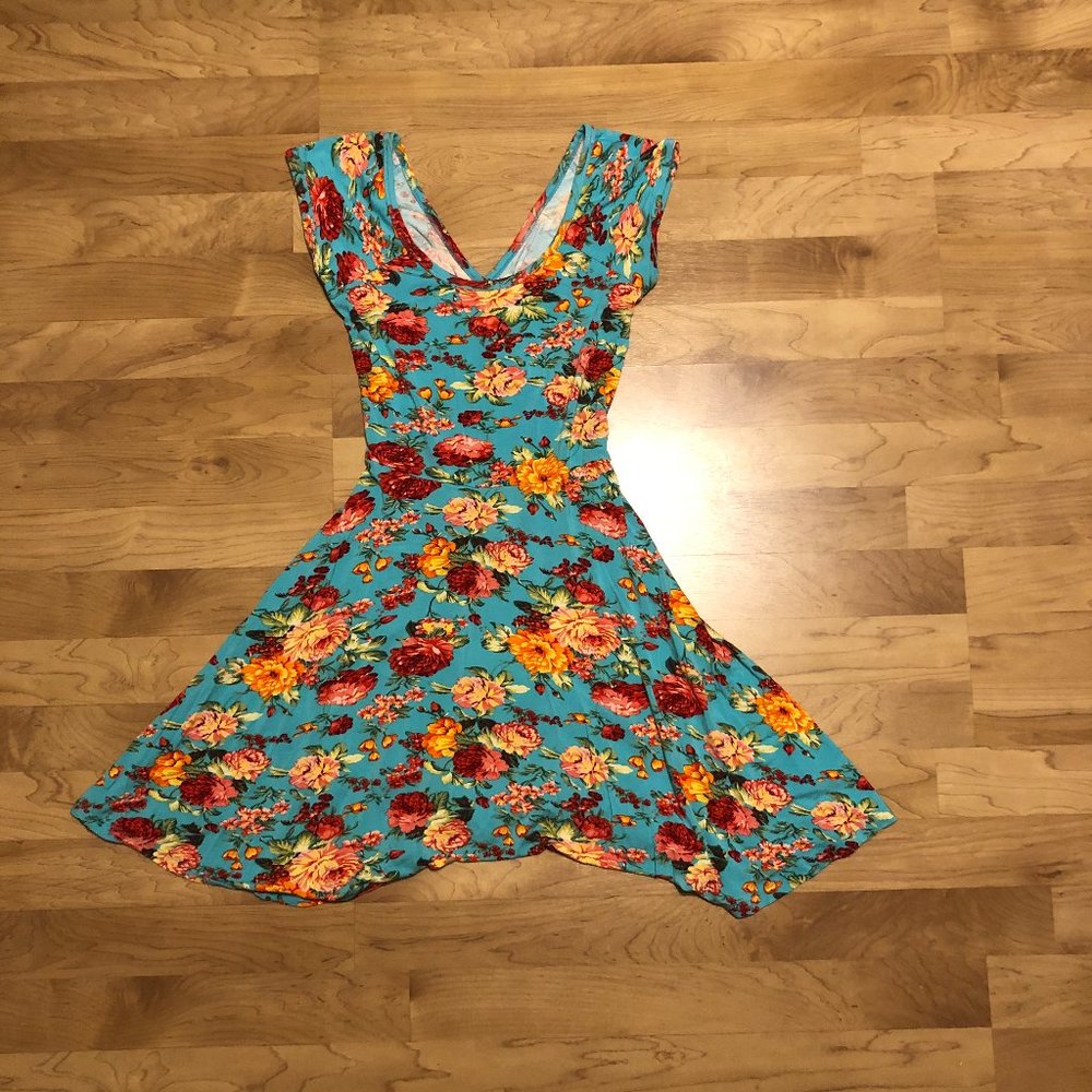 Teal and Floral Skater Dress w/ Criss Cross Back